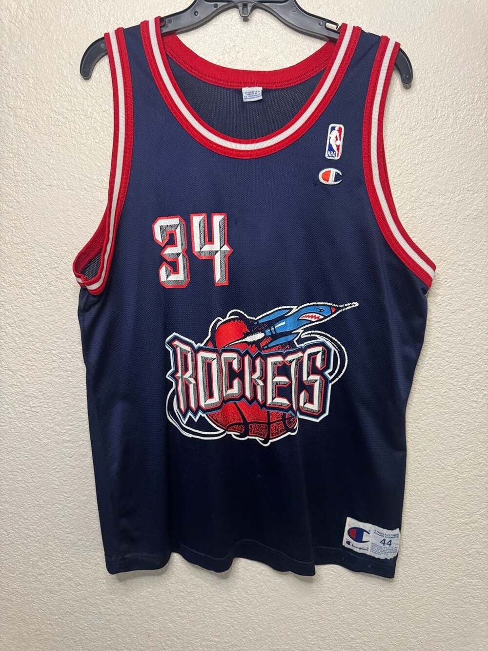 Vintage 90s Champion NBA Houston Rockets Hakeem Olajuwon #34 Jersey Size 44